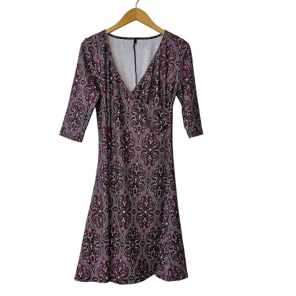 prAna Womens Veeda Red NADIA VNECK Faux Wrap DRESS 3/4 Sleeves Stretch Sz LG - Picture 7 of 12